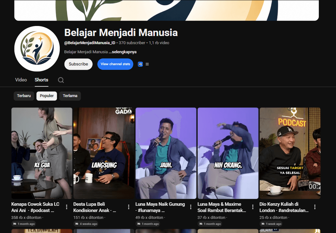 Tab Shorts channel Belajar Menjadi Manusia: klip teratas 358 ribu views