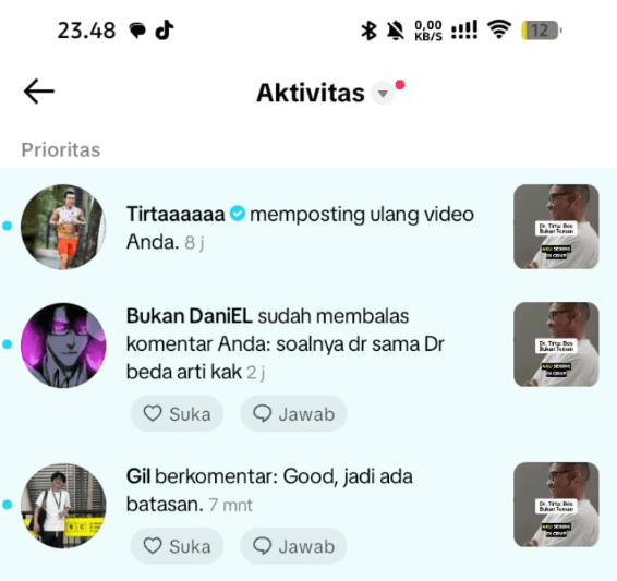Notifikasi TikTok: akun terverifikasi Tirtaaaaaa memposting ulang video milik Ciujunglink