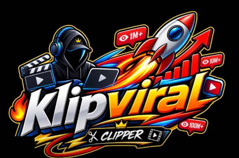 Logo hasil ChatGPT bertulisan Klipviral dengan maskot berkerudung, roket, grafik naik, dan gelembung jumlah views