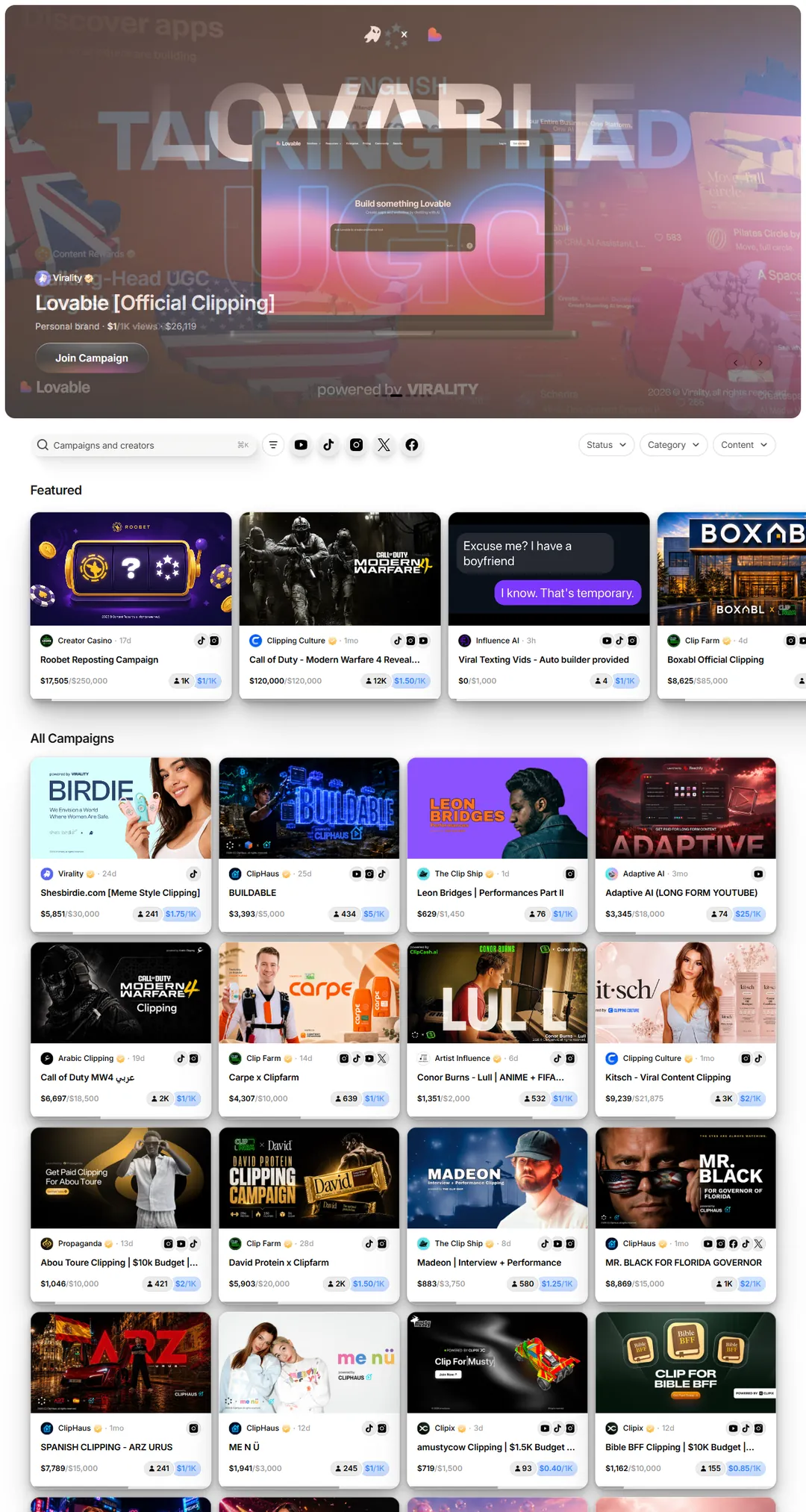 Halaman discover campaign clipping Whop menampilkan daftar campaign Content Rewards dengan rate per 1.000 views dan besar budget