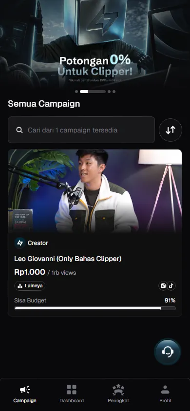 Halaman daftar campaign Clippo di tampilan mobile, menampilkan kartu campaign dengan rate per 1.000 views dan sisa budget
