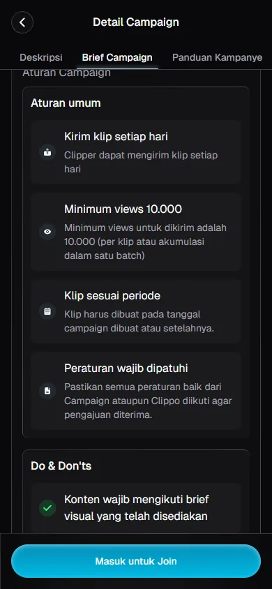 Tab Brief Campaign Clippo menampilkan aturan umum seperti kirim klip setiap hari, minimum views 10.000, dan Do and Don'ts