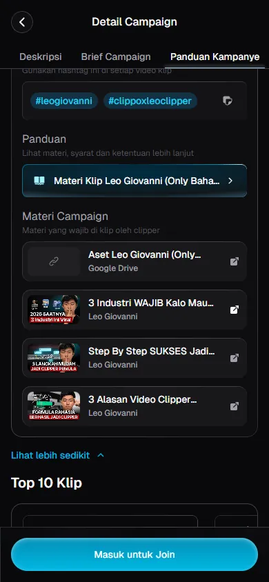 Tab Panduan Kampanye Clippo menampilkan hashtag wajib dan daftar materi sumber berupa Google Drive dan video YouTube