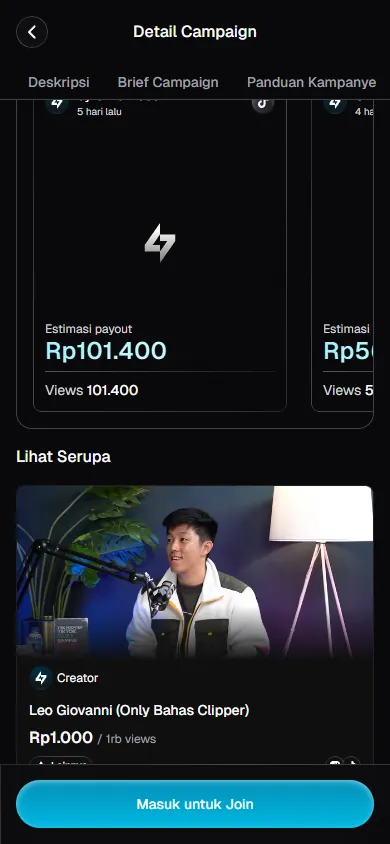 Tab Top 10 Klip di campaign Clippo menampilkan estimasi payout per klip berdasarkan jumlah views