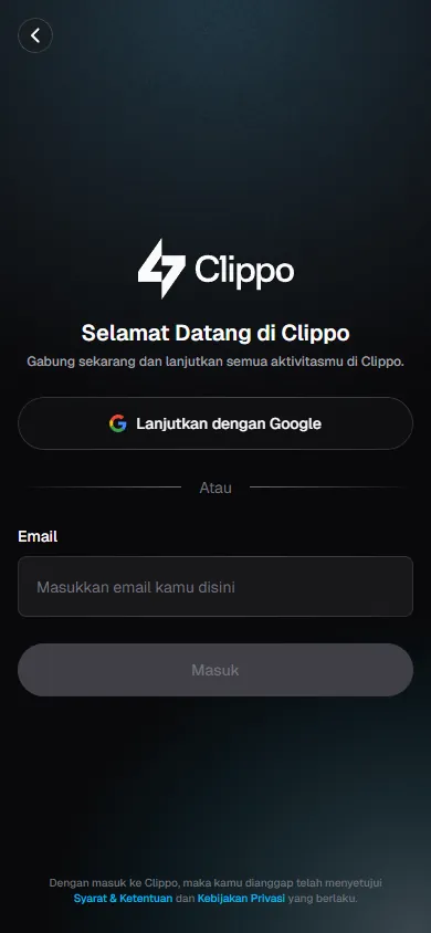 Halaman login Clippo dengan opsi Lanjutkan dengan Google atau masuk pakai email